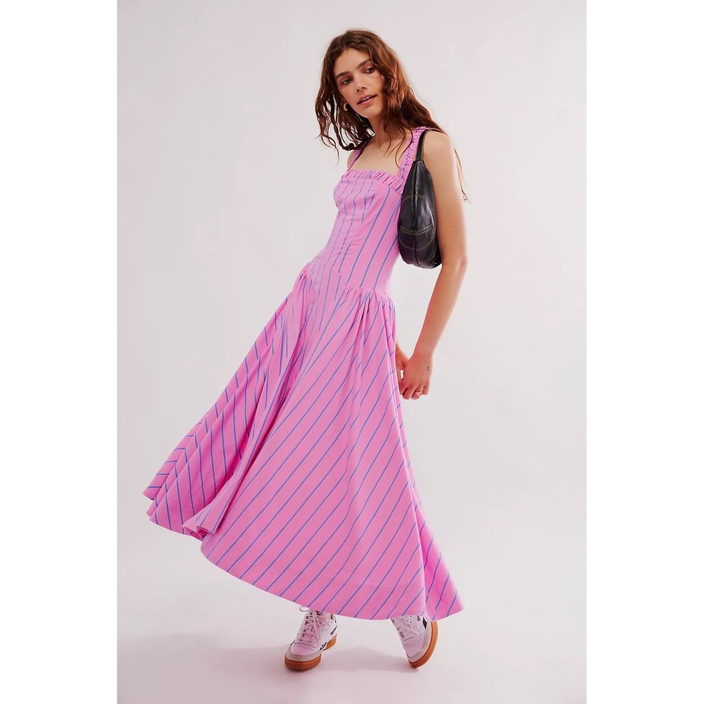 Free People Sammi Yarn Dye Midi Dress Pink Purple Striped Size XL New